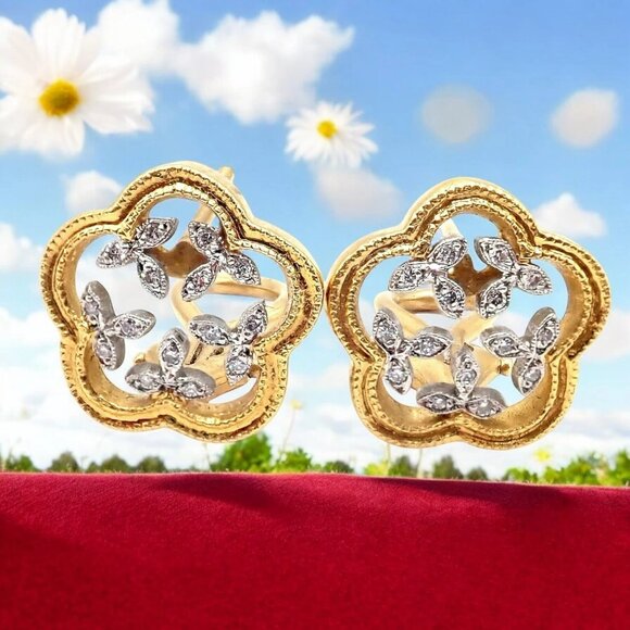 Authentic! Cathy Waterman 22k Yellow Gold Platinum Diamond Vine Flower Earrings - Picture 2 of 11
